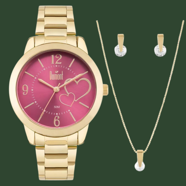 Relógio Dumont feminino dourado com rosa + brindes (colar e brincos)